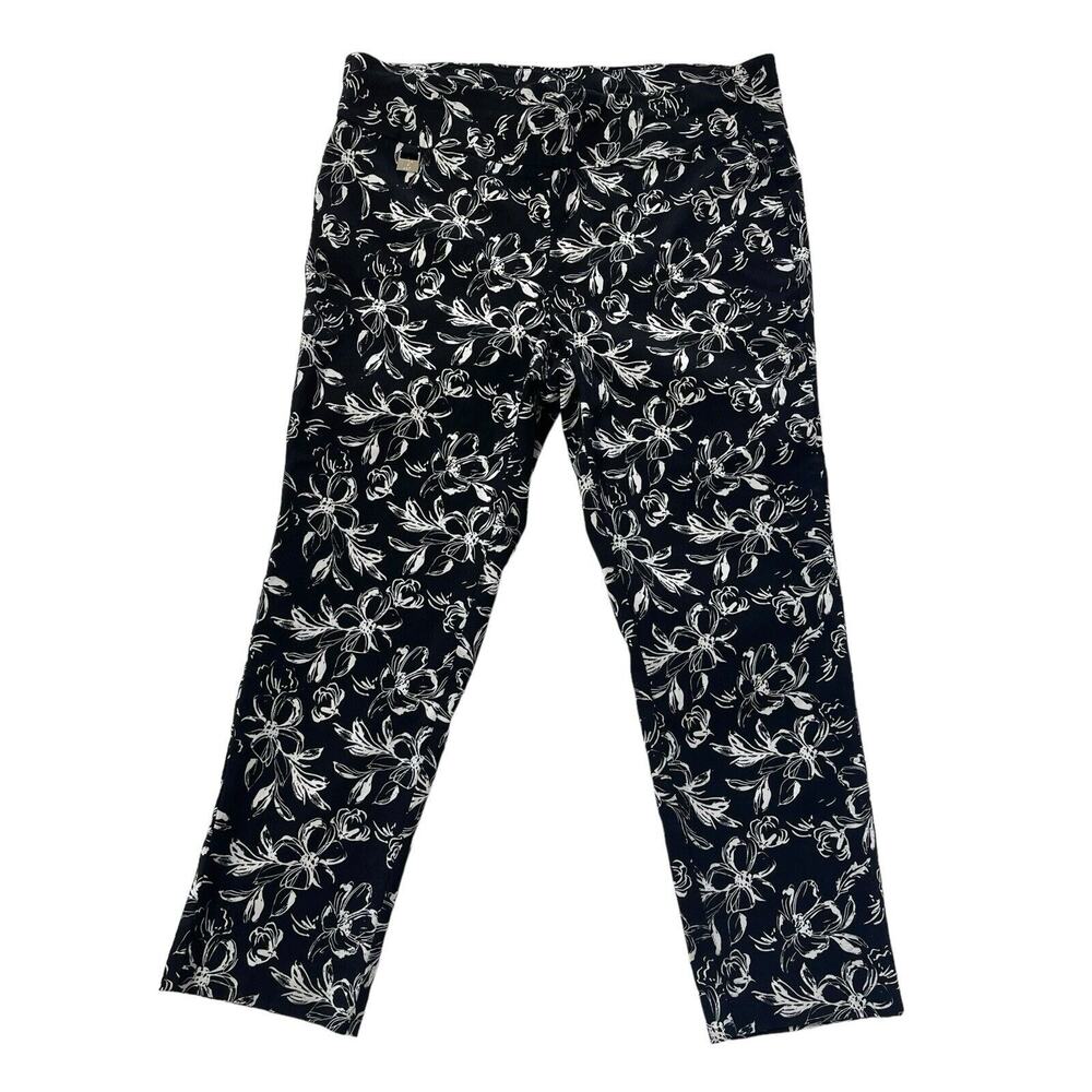 Rafaella Women's Capri Pull On Pants Size 12 Black Floral Soft Stretch Comfort